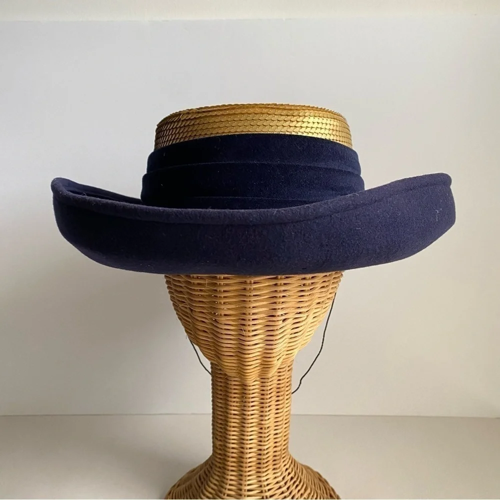 Vintage‎ 90s Whittall & Shon Wool Sequin Hat Navy Blue Gold Wide Brim - Picture 4 of 14
